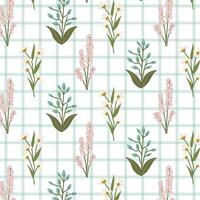 Seamless green floral pattern with spring flowers on a gingham background. A charming pattern featuring hand-drawn summer flowers. Perfect for fabric design, wallpapers, stationery, wrapping paper. vector