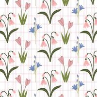 Seamless different floral pattern with spring flowers on gingham background. A charming pattern featuring hand-drawn summer flowers. Perfect for fabric design, wallpapers, stationery, wrapping paper. vector