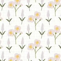 Seamless white floral pattern with spring flowers on a gingham background. A charming pattern featuring hand-drawn summer flowers. Perfect for fabric design, wallpapers, stationery, wrapping paper. vector