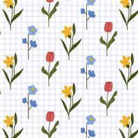 Seamless floral pattern with spring flowers on a gingham background. A charming pattern featuring hand-drawn summer flowers. Perfect for fabric design, wallpapers, stationery, wrapping paper. vector
