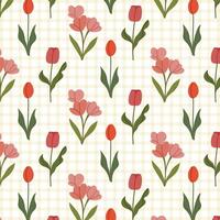 Seamless red floral pattern with spring flowers on a gingham background. A charming pattern featuring hand-drawn summer flowers. Perfect for fabric design, wallpapers, stationery, wrapping paper. vector