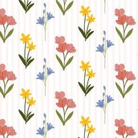Seamless floral pattern with spring flowers on a lined background. A charming pattern featuring hand-drawn summer flowers. Perfect for fabric design, wallpapers, stationery, wrapping paper. vector
