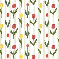 Seamless tulip floral pattern with spring flowers on a lined background. A charming pattern featuring hand-drawn summer flowers. Perfect for fabric design, wallpapers, stationery, wrapping paper. vector