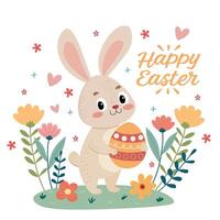 A rabbit holding an Easter egg in a field of flowers vector