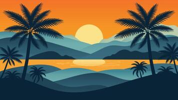 Summer Sunset Landscape Illustration with Palms and Mountains Flat . vector