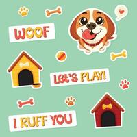 Set of Cute Puppy Stickers with Text and Doghouse Flat Illustration, vector