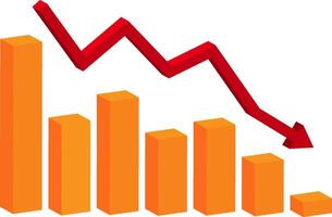 stock, profit, wealth going down, downward chart with gold color 3d cube with red line arrow head shows loss the money, debt, market loss template vector