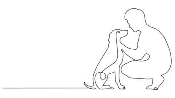 Continous one line drawing of a man and his dog showing affection. vector