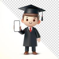 Graduation man showing smartphone screen he is holding, 3D. Suitable for events and education vector
