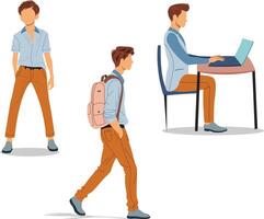 Young man in different poses walking, working on laptop, and standing vector