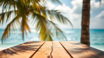 Serene Beachscape Wooden Table with Palm Tree Shadows photo