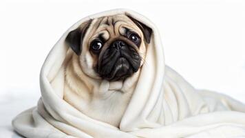 cute pug wrapped in soft blanket looking around in cozy indoor scene, relaxing dog footage for pet, home, comfort, motion use video