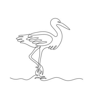 Egret in continuous line art drawing style. Minimalist black linear sketch isolated on white background. Bird illustration vector