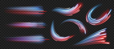 Glowing color speed line. Light motion straight and curved trails. High speed lines with motion blurred light effect in blue and red color. Flying cosmic meteors set vector