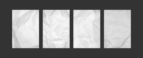 Crumpled paper sheets. Blank sheet with wrinkles, empty white pages with realistic crumpled texture. Paper with creases, trendy poster, flyer and banner templates. 3d mockups vector