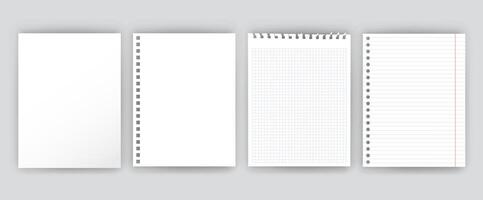 Note paper. Notebook blank white sheets of square and lined paper with perforation and realistic soft shadow effect. Copybook A4 mockups. isolated templates set vector