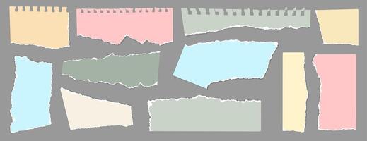 Torn note paper. Notebook sheets with ripped edges, blank color torn paper pieces for scrapbook collage. Templates for note message and information board. isolated set vector