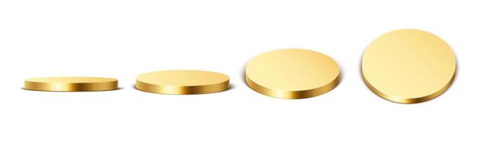 Golden round podium. Gold platform, podium. Round stage for product presentation. Golden winner stand for exhibition in different view angles. 3d metallic cylinder render set vector
