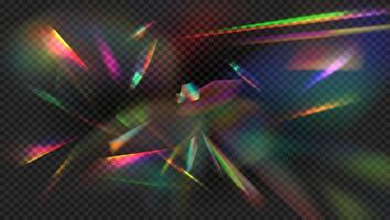 Rainbow flare. Prism light reflection with rainbow flares. Crystal sparkle burst, diamond refraction rays. Iridescent glow effect. Colorful bright sparkles overlay. texture vector