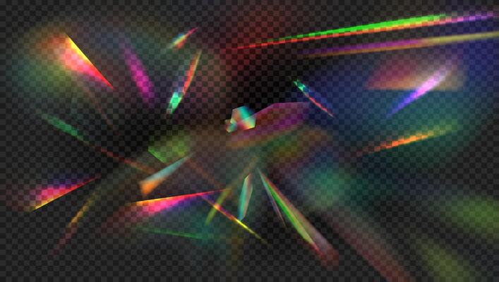 Rainbow flare. Prism light reflection with rainbow flares. Crystal sparkle burst, diamond refraction rays. Iridescent glow effect. Colorful bright sparkles overlay. texture
