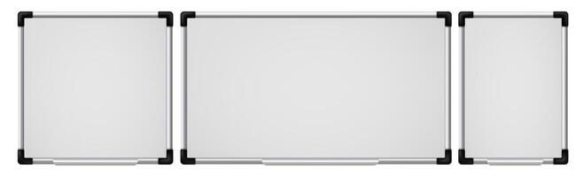 White boards. 3d realistic school or business office demonstration white board in various size. Blank empty magnetic board, information display mockups vector