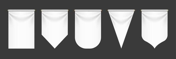 Pennants white 3d realistic. White pennant flags mockup, vertical medieval banners with rounded, straight and triangle edges. template with copy space for insignia or text vector