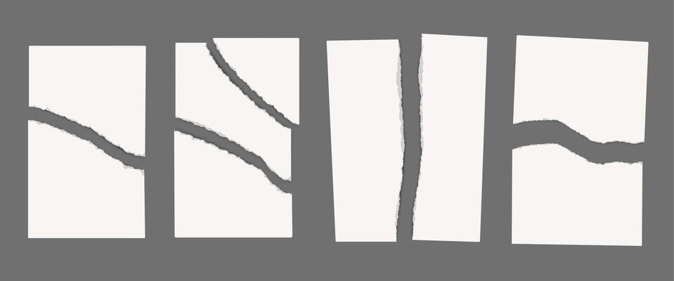 Torn paper sheets. Blank white A4 sheets in half and into pieces with ragged edges. Old paper ripped scraps. isolated templates for scrapbook collages