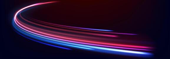 Speed line background. Glowing color speed lines, curves car trail with motion blurred light effect. Neon colored race on night road, speedway. Blue and red wavy paths. concept vector