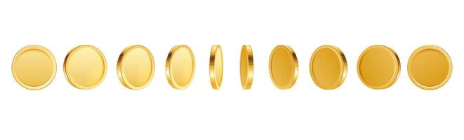 Gold coin turn around. Realistic 3D golden coins in different position, sprite sheets for game or app animation. Bingo jackpot casino poker win gambling elements. set vector