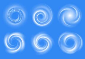 Air swirl. Swirl light effect, spiral air flow, circular vortex, cold wind conditioner stream. Spiral blue airflow, isolated set vector