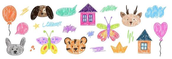 Set of abstract shapes, butterfly and house in childlike style drawing with crayon vector