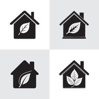 Eco-friendly house with leaves inside The house's simple silhouette features a roof and chimney. vector