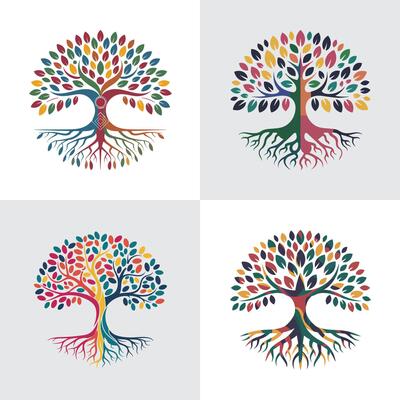 Colorful tree illustration with roots, branches and leaves