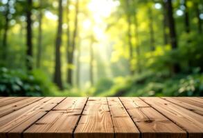 Empty Wooden Tabletop with Blurred Lush Forest and Soft Bokeh Effect photo