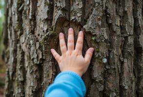Close-up of a child hand touch the tree trunk, Bark wood, Caring for the environment, The ecology concept of saving the world and love nature photo