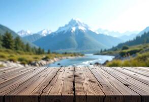 Empty Wooden Tabletop with Blurred Mountain Stream in the Background photo