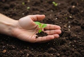 Hand holding a small seedling, Forest conservation concept, Symbolizing reforestation and nature conservation photo