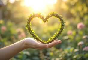 A hand holding a heart loop made of green vines, Symbolizing of love nature photo