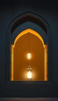 a lighted lamp in a window with a window frame photo