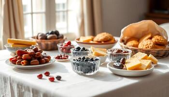 a table with various types of food on it photo