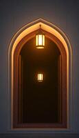 an arched window with a light shining through it photo