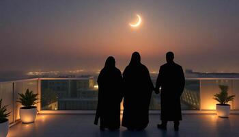 three people in black robes standing on a balcony with a crescent moon in the sky photo