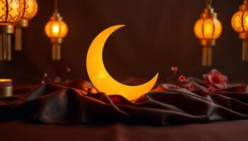 a crescent and lanterns on a table with a red cloth photo