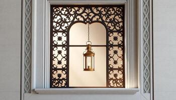 a window with a decorative design and a lamp photo