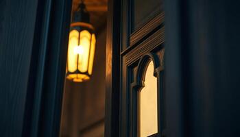 a light is shining through the window of a building photo
