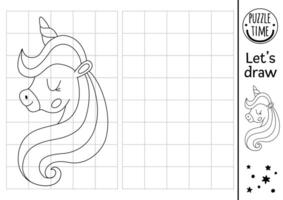 Draw the unicorn head. Fairytale drawing practice worksheet with cute animal profile. Magic printable black and white activity for kids. Fantasy copy or complete picture coloring page vector