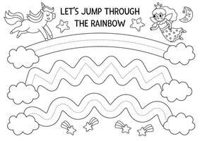 handwriting practice worksheet with unicorn jumping through rainbows. Fantasy printable black and white activity for kids. Tracing game for writing skills. Magic world coloring page vector