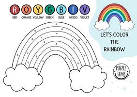 color by letter activity with rainbow and clouds. Let us color the rain bow. Fairytale black and white game with cute fantasy picture. Magic educational coloring page for kids vector