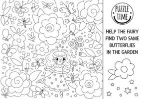 Help the fairy find two same butterflies in the garden. Fairytale coloring page with floral scene, little princess. Magic world matching activity for children. Fantasy black white worksheet for kid vector