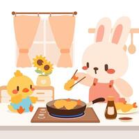 Cute Bunny Cooking Tempura with Little Duck in Cozy Kitchen. Adorable Cartoon Rabbit and Duck Frying Shrimp Tempura. Kawaii Bunny Chef Making Tempura with Duck Friend. vector